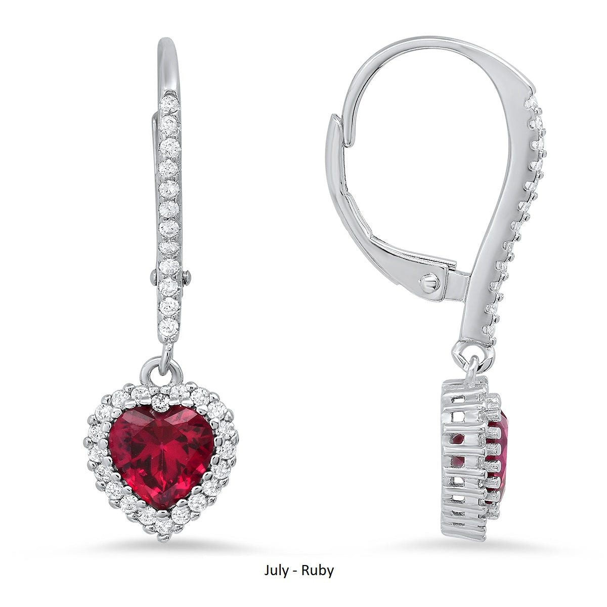 Sterling Silver Heart-cut Birthstone Halo Leverback Earrings