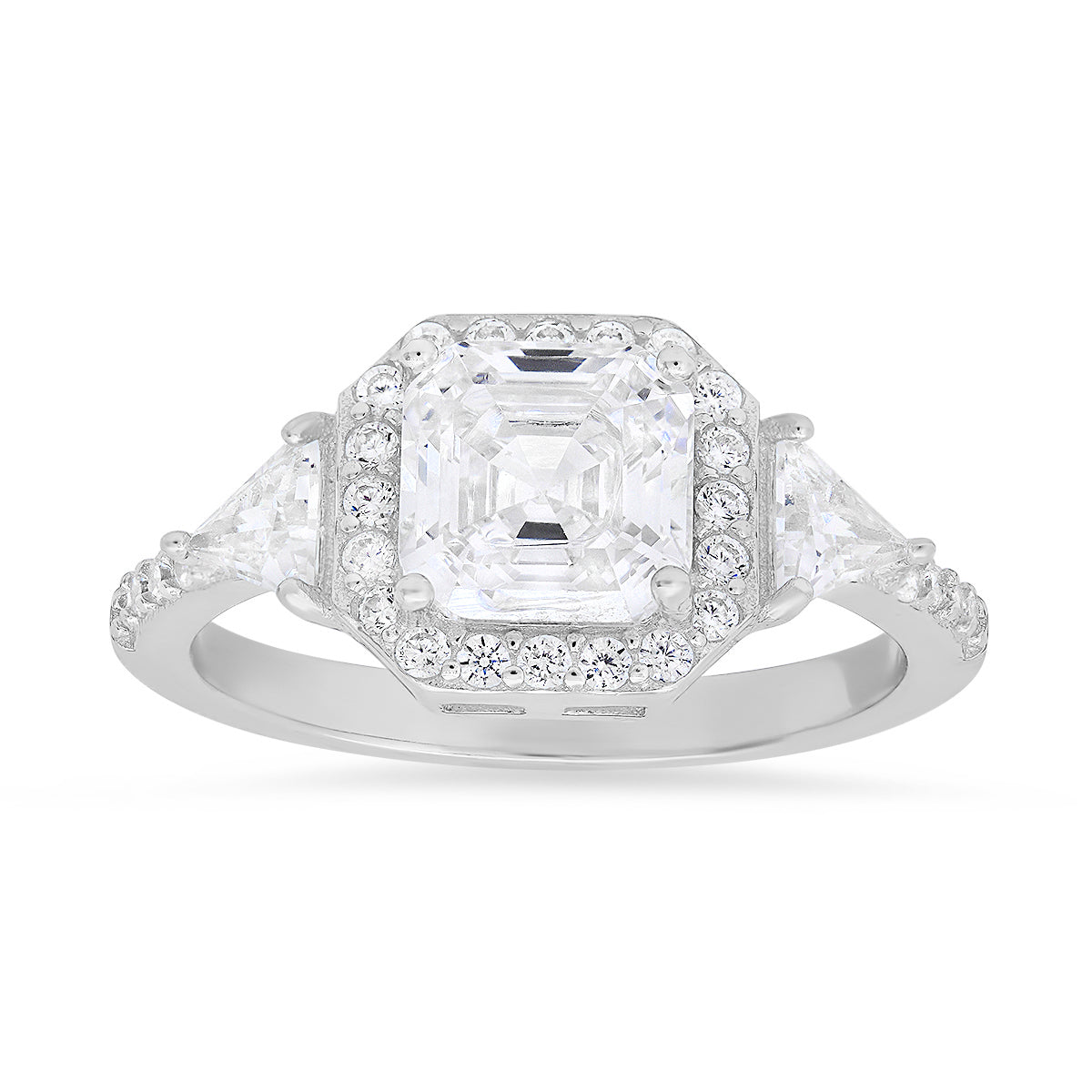 Sterling Silver Asscher-cut Diamond CZ Halo Ring