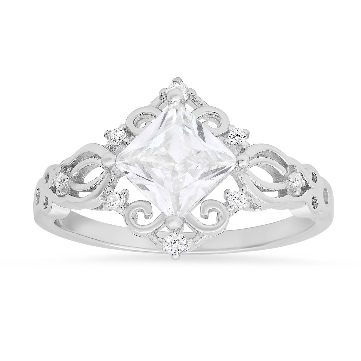 Sterling Silver Princess-cut Diamond CZ Filigree Ring