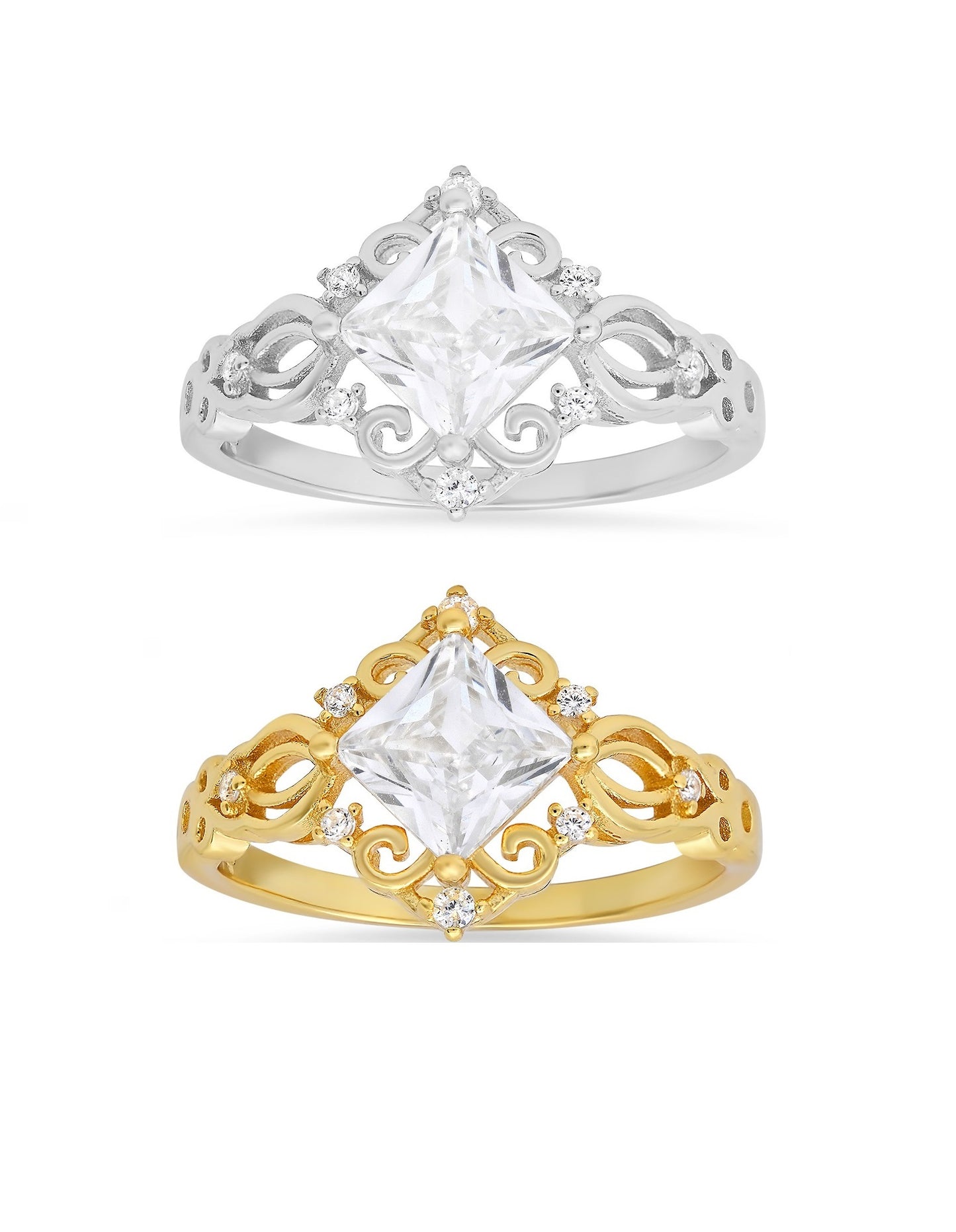 Sterling Silver Princess-cut Diamond CZ Filigree Ring