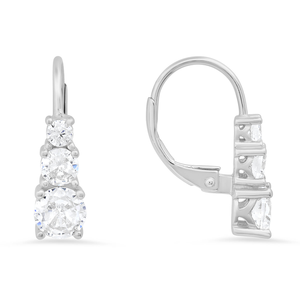 Sterling Silver 3-Stone Diamond Leverback Earrings