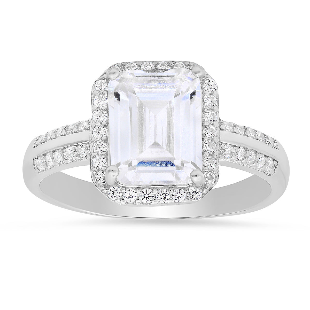 Sterling Silver Emerald-cut Diamond CZ Halo Ring