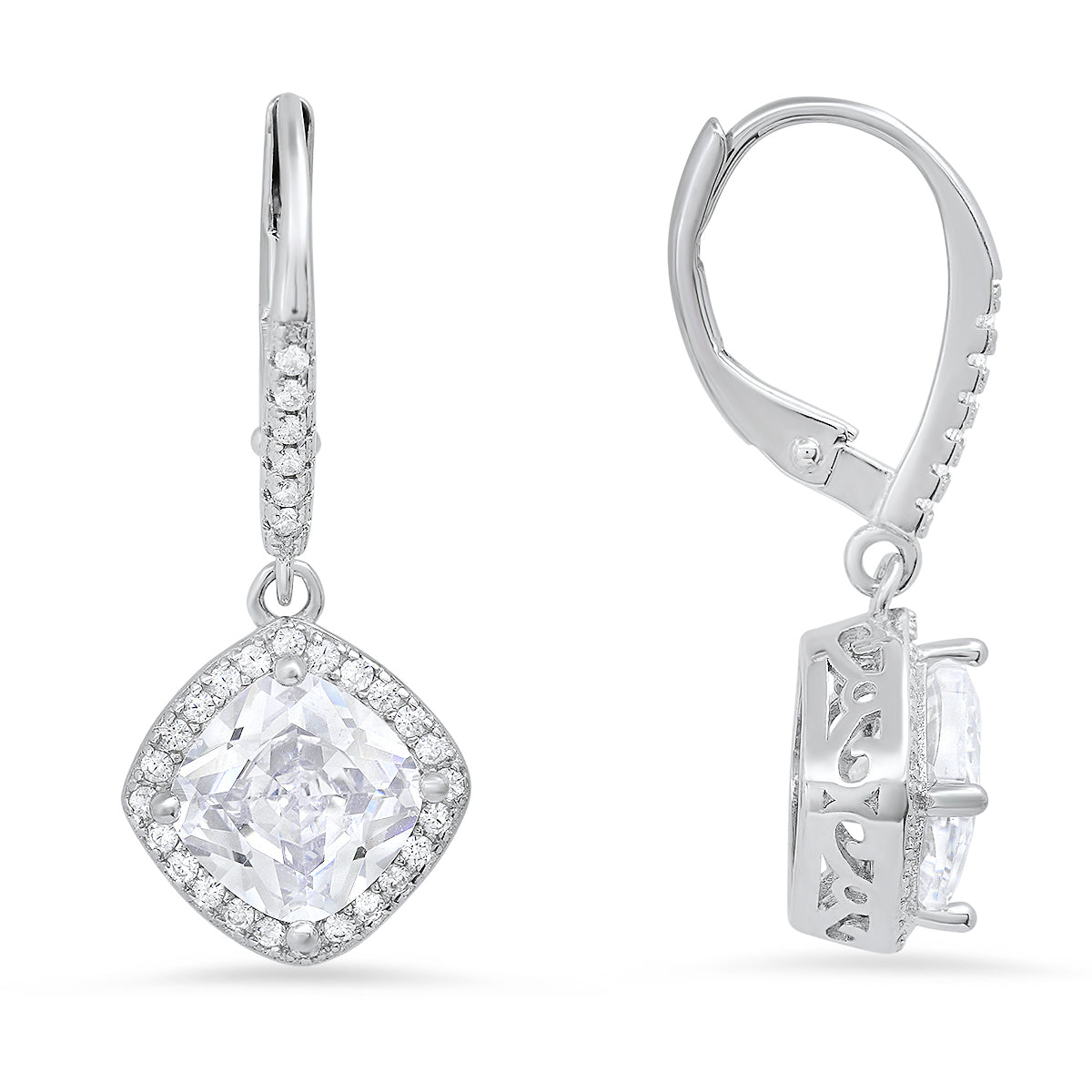 Sterling Silver Cushion-cut Halo Diamond Leverback Earrings