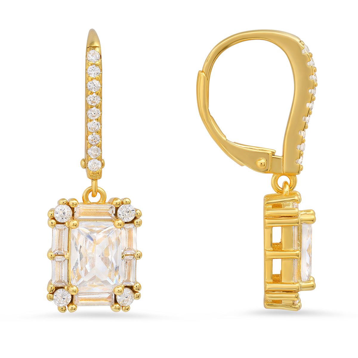 Sterling Silver Emerald-cut Diamond Halo Dangling Earrings
