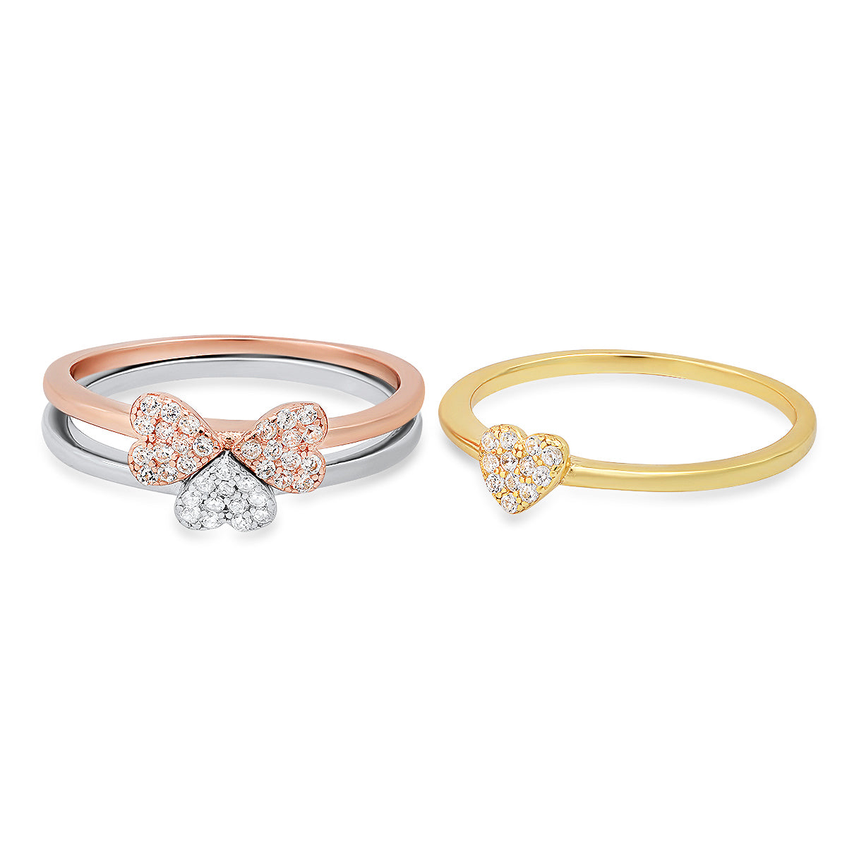 Sterling Silver Tri-Color 3pc Stackable Heart Ring Set