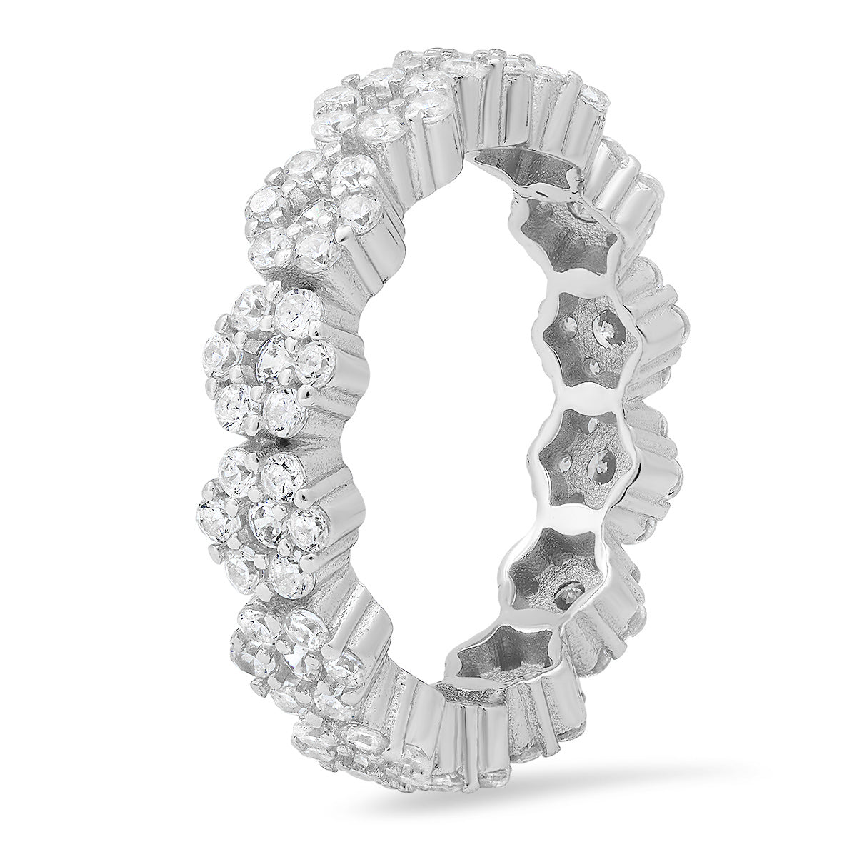 Sterling Silver Diamond CZ Floral Eternity Band Ring