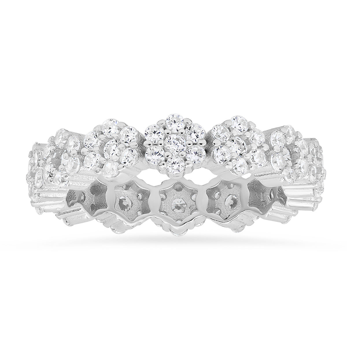 Sterling Silver Diamond CZ Floral Eternity Band Ring