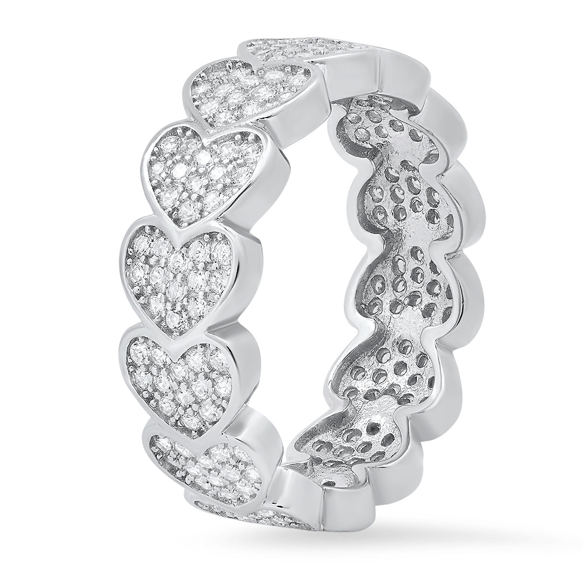 Sterling Silver Pave Diamond CZ Heart Eternity Band Ring