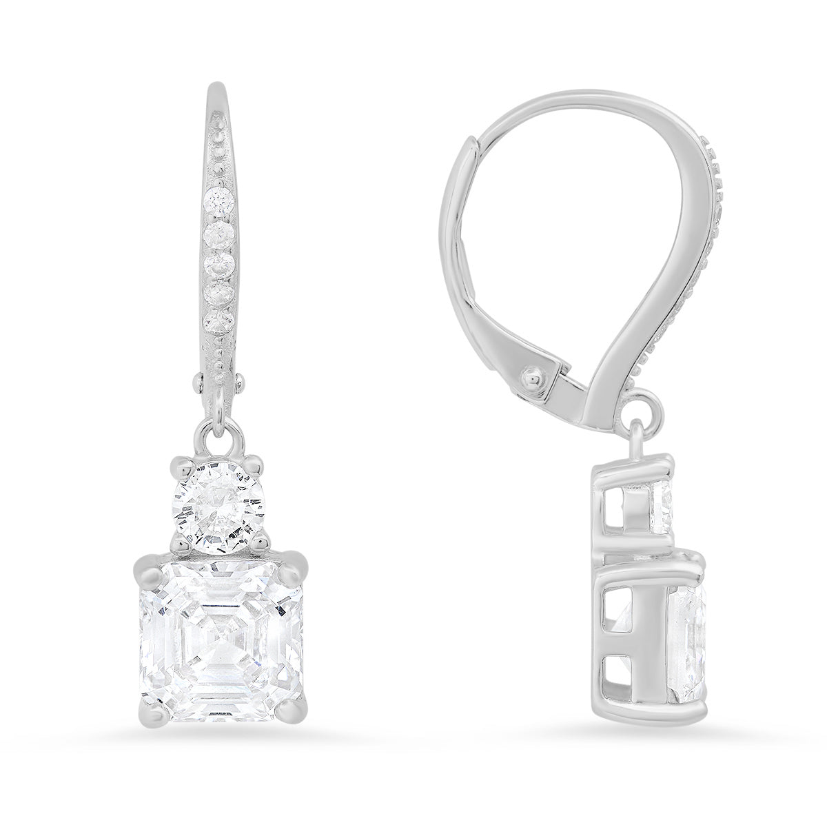Sterling Silver Asscher-cut Dangling Diamond Earrings