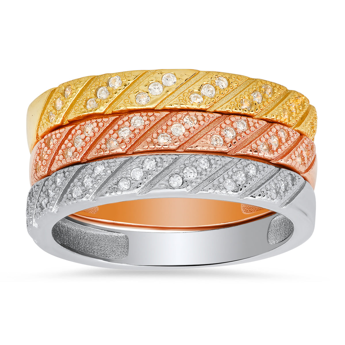 Sterling Silver Tri-Color CZ 3pc Stackable Ring Set
