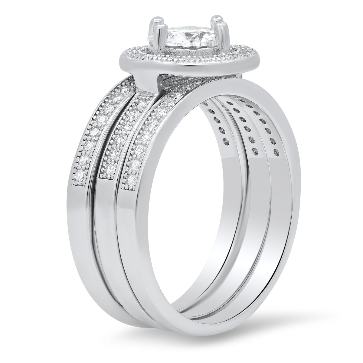 Sterling Silver Round-cut Halo 3pc Stackable CZ Ring Set