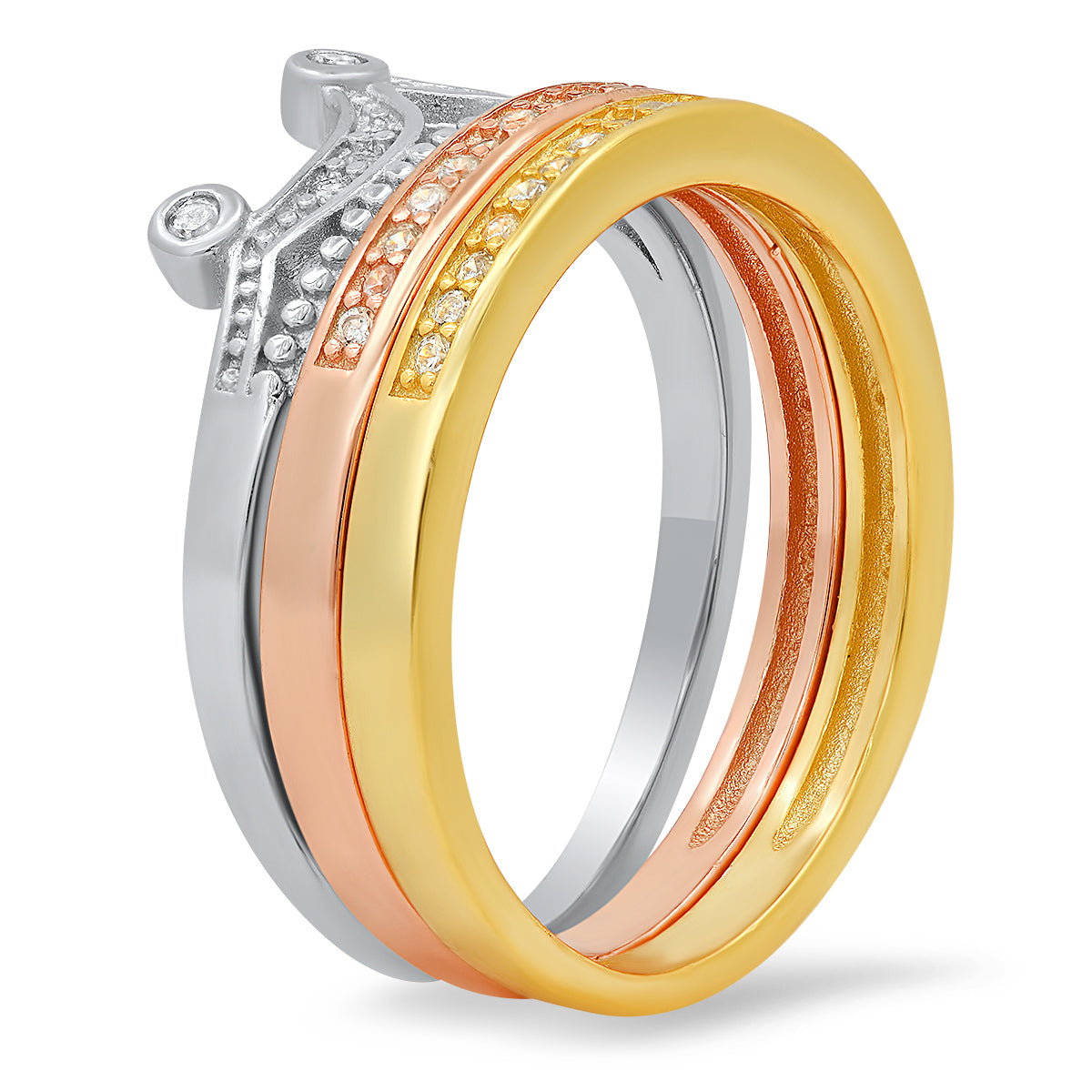 Sterling Silver Tri-Color 3pc Crown CZ Stackable Ring Set