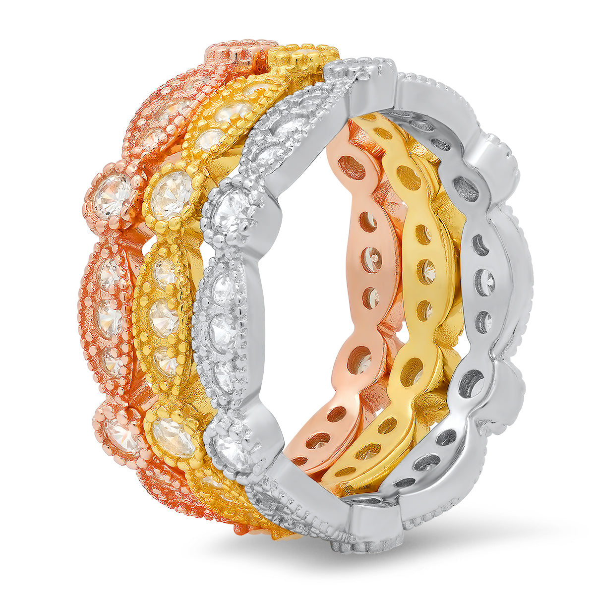 Sterling Silver Tri-Color 3pc Stackable CZ Ring Set