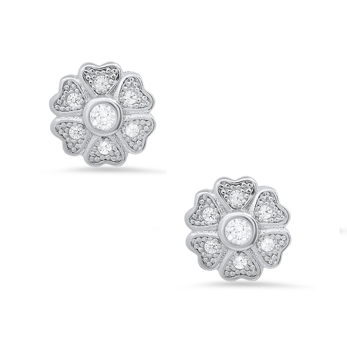 Sterling Silver Petite Heart Clover CZ Stud Earrings
