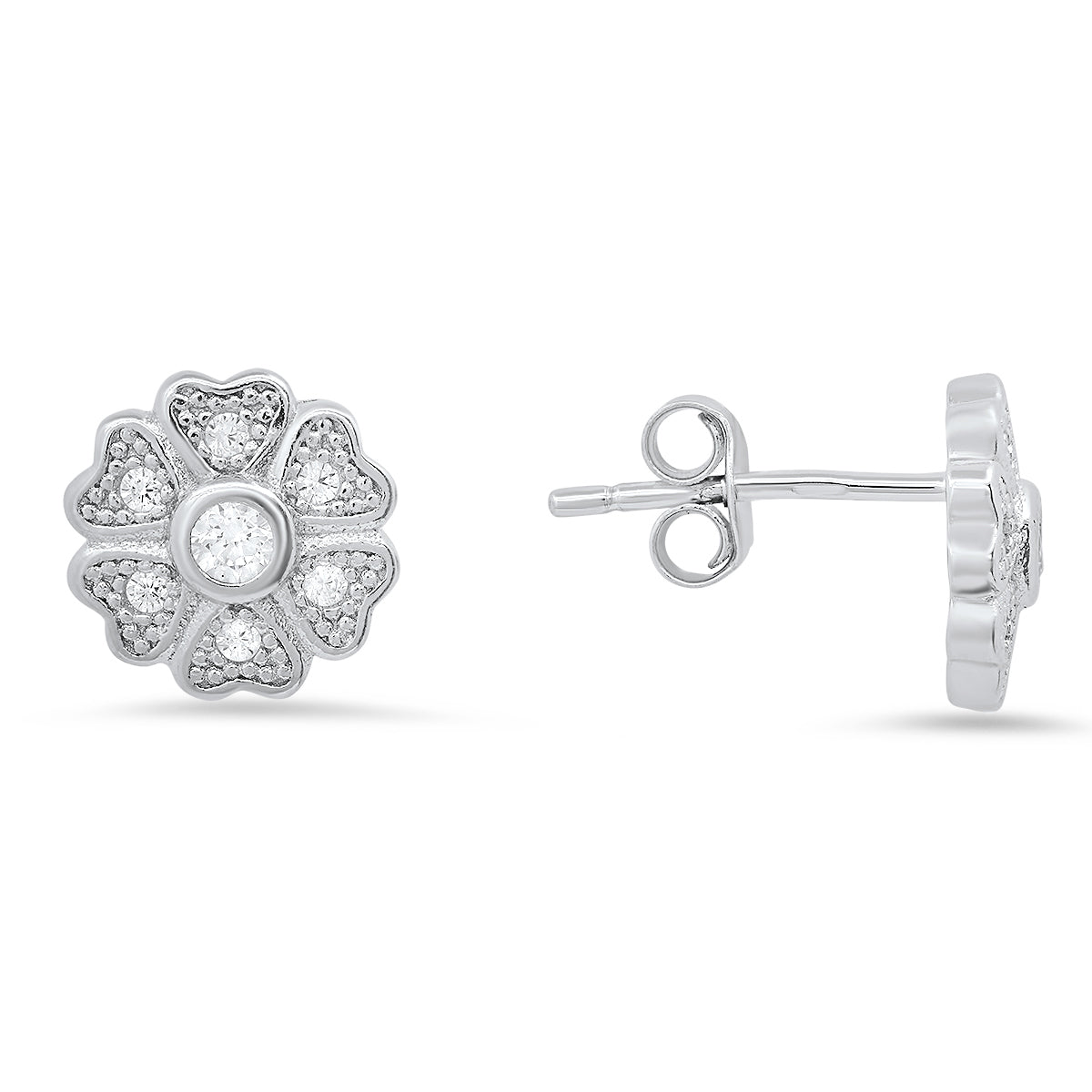 Sterling Silver Petite Heart Clover CZ Stud Earrings