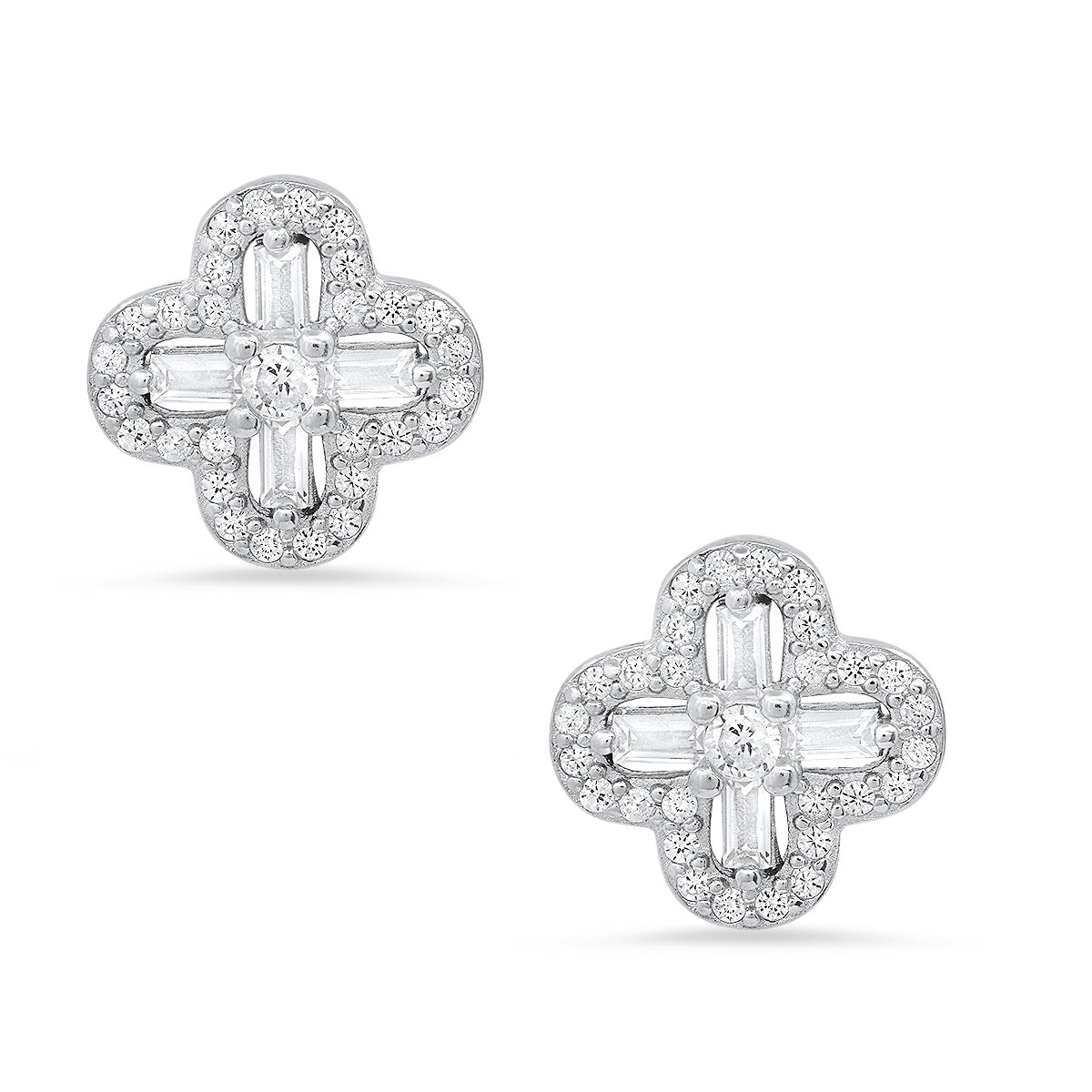 Sterling Silver Baguette-cut Clover CZ Stud Earrings