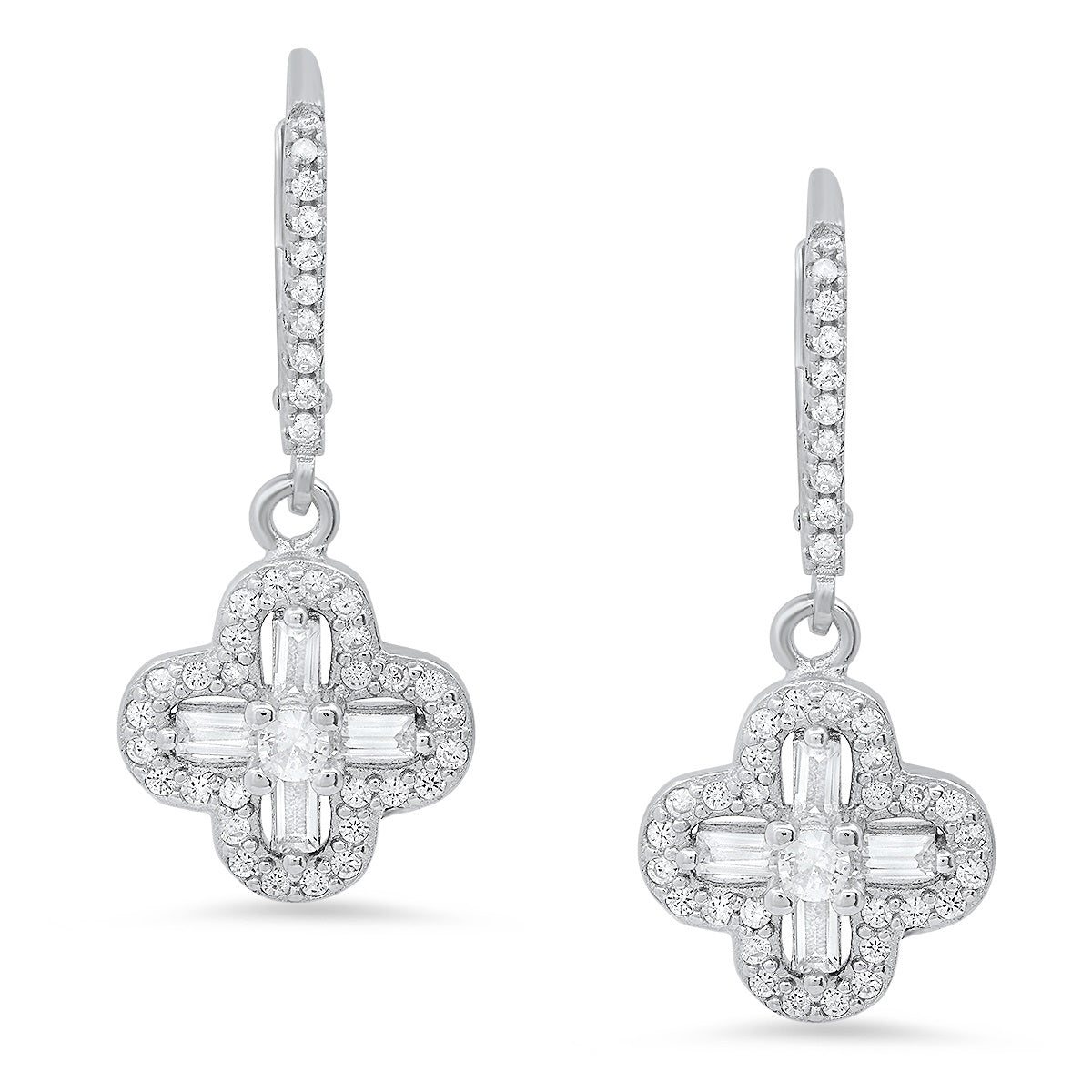 Sterling Silver Baguette-cut Clover Dangle CZ Leverback Earrings