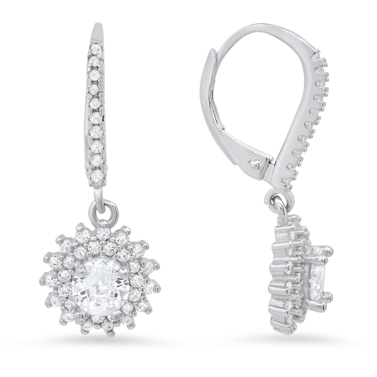 Sterling Silver Halo CZ Leverback Earrings