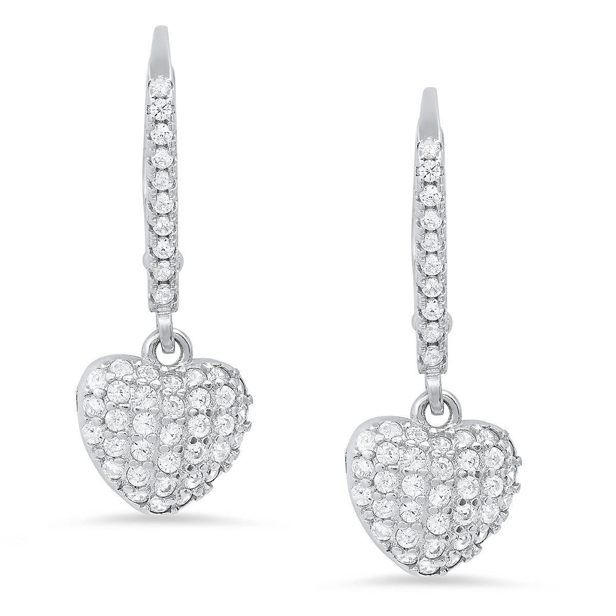 Sterling Silver Pave Heart CZ Dangle Leverback Earrings