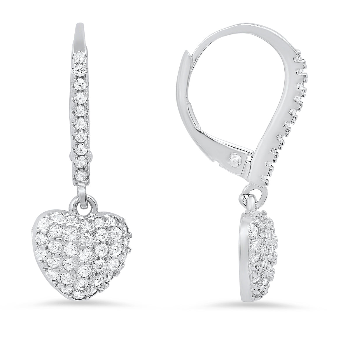Sterling Silver Pave Heart CZ Dangle Leverback Earrings