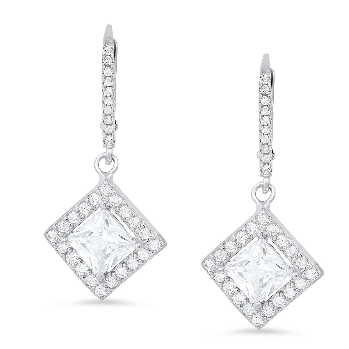 Sterling Silver Princess-cut CZ Leverback Earrings
