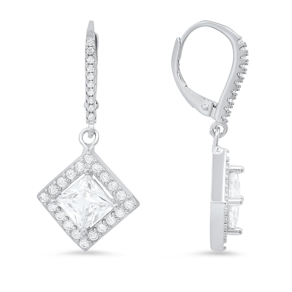 Sterling Silver Princess-cut CZ Leverback Earrings