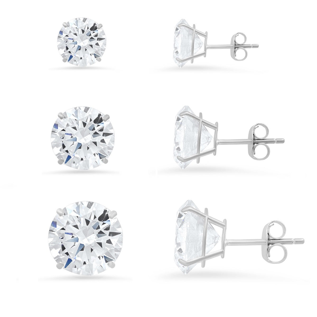 Sterling Silver Set of 3 Round-cut CZ Stud Earring Set