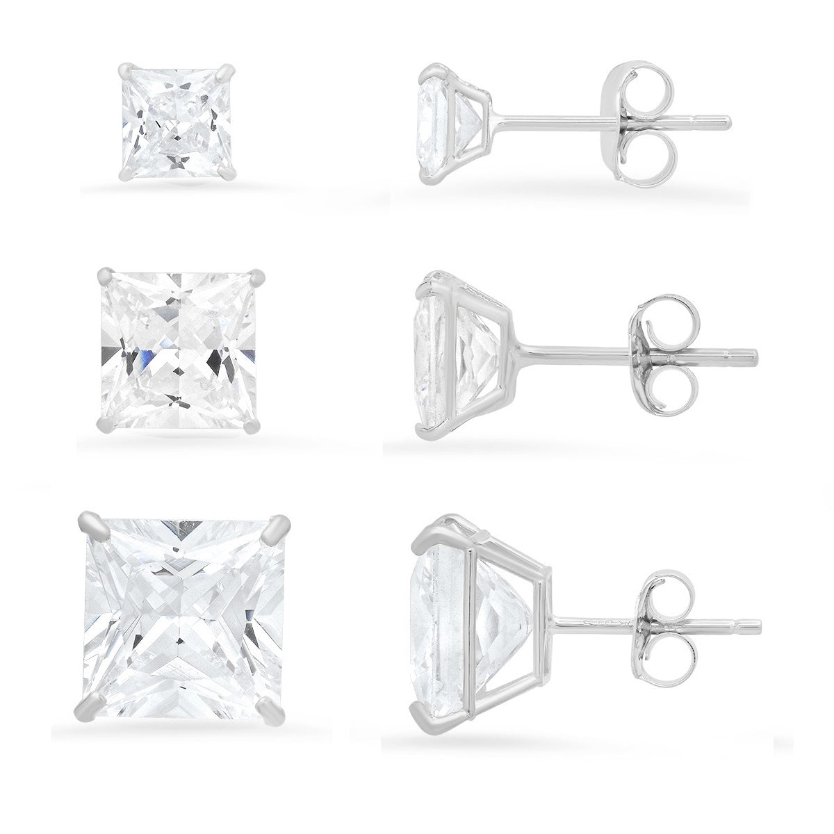 Sterling Silver Set of 3 Princess-cut CZ Stud Earring Set