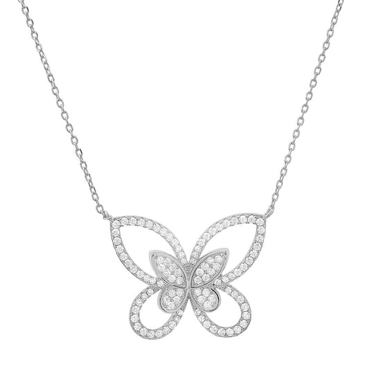 Sterling Silver Curved CZ Butterfly Necklace