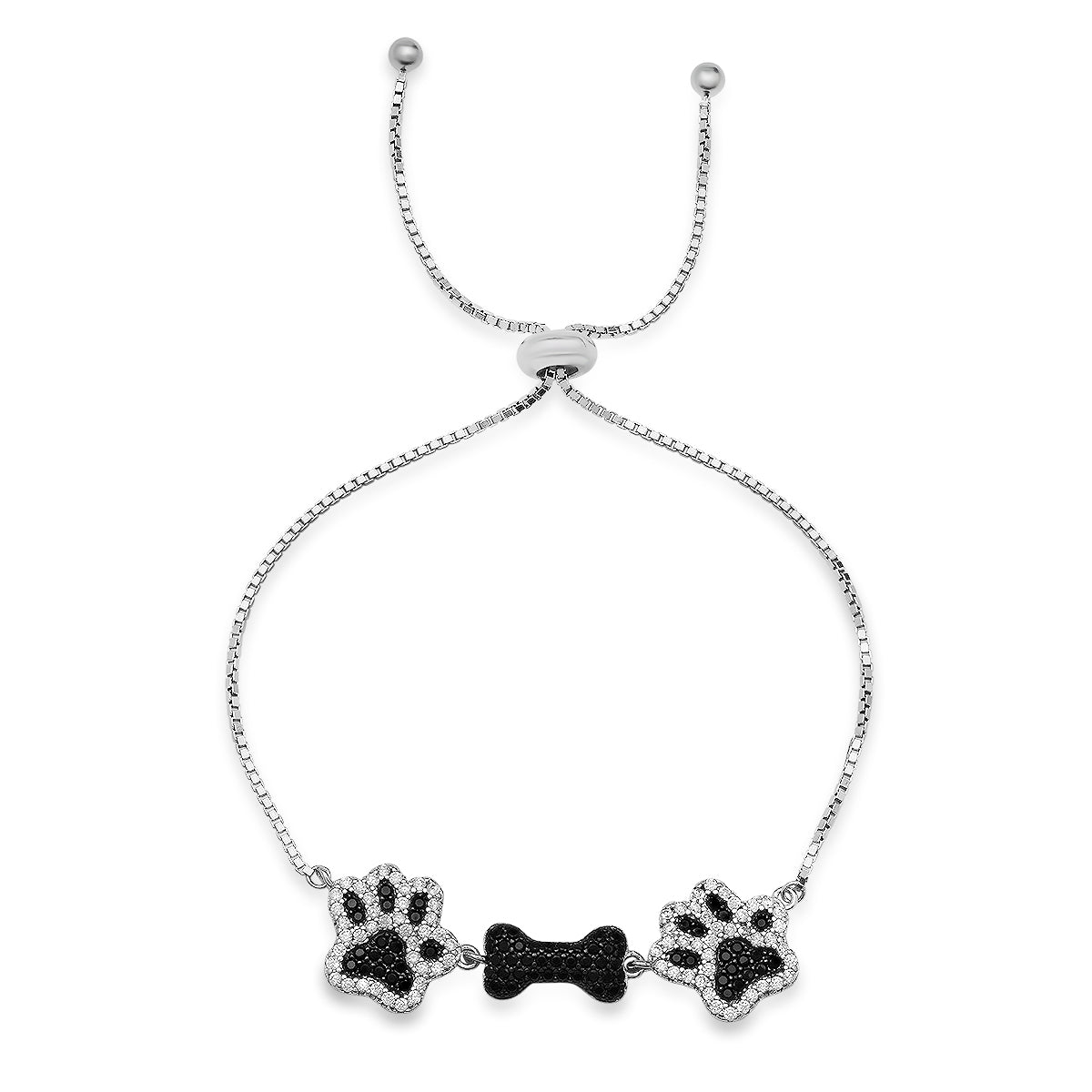 Sterling Silver CZ Doggy Paw & Bone Adjustable Bracelet