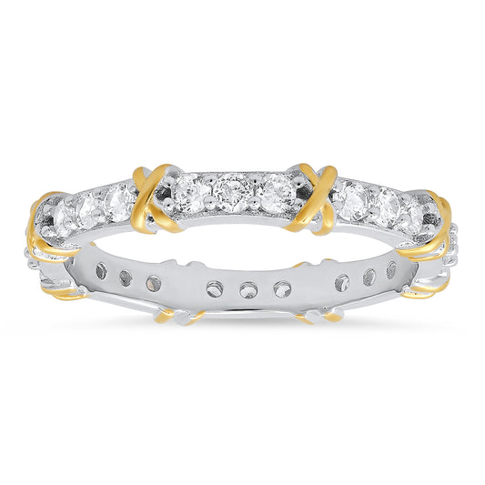 Sterling Silver Round-cut CZ "X" Stackable Eternity Band Ring