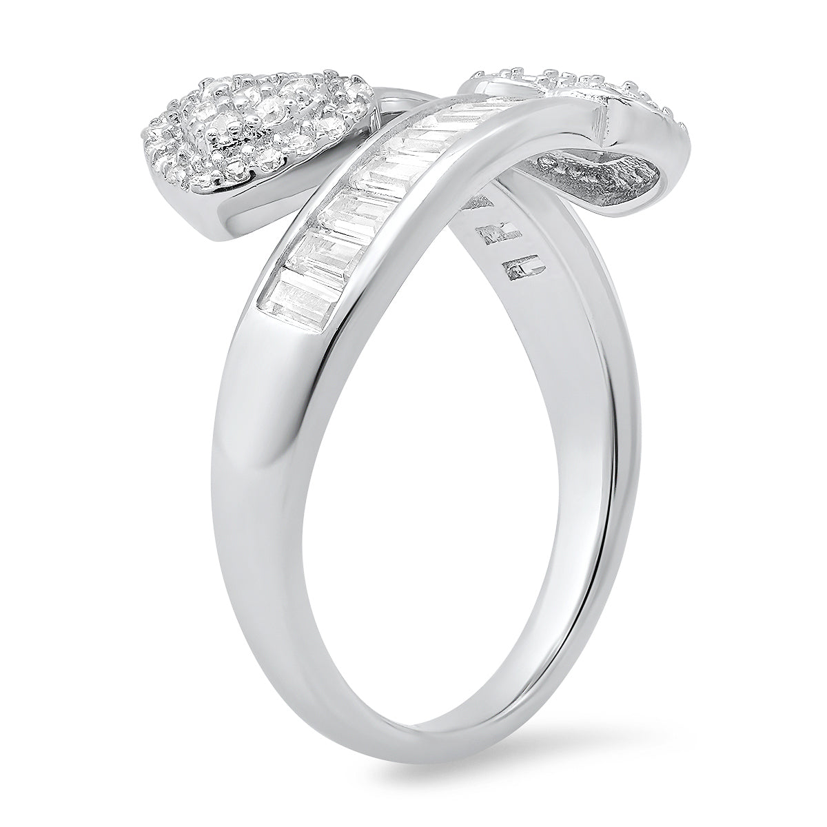 Sterling Silver  Baguette CZ Heart Bypass Ring