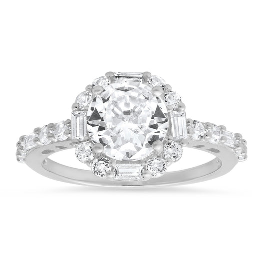 Sterling Silver Round and Baguette-cut Halo CZ Ring