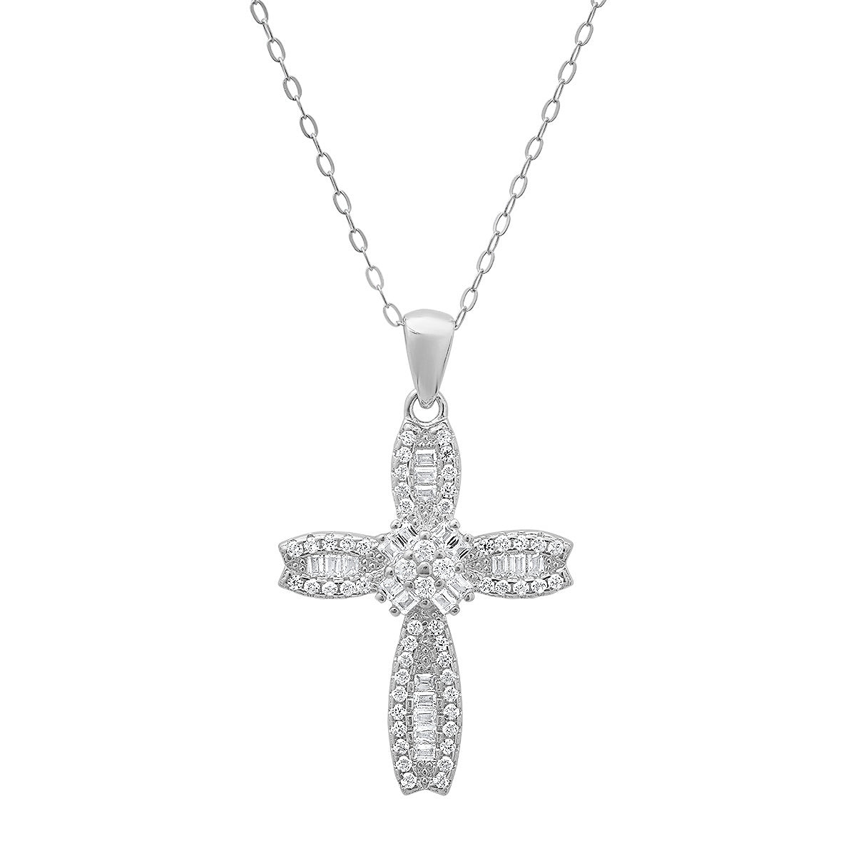 Sterling Silver Petite Luxurious Baguette-cut CZ Cross Pendant Necklace