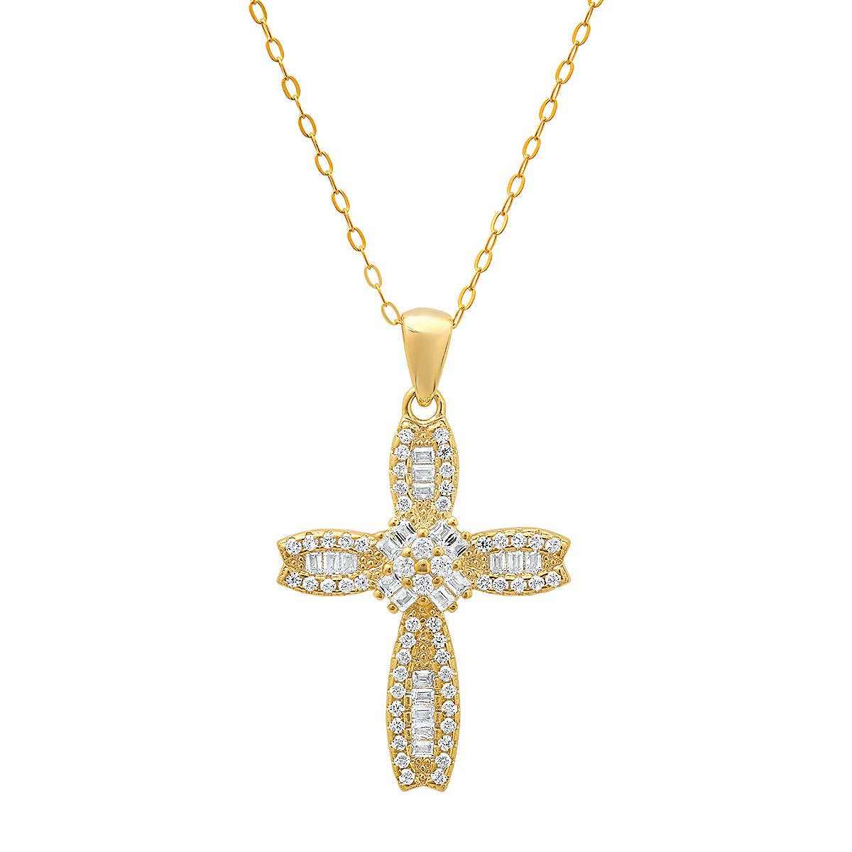 Sterling Silver Petite Luxurious Baguette-cut CZ Cross Pendant Necklace