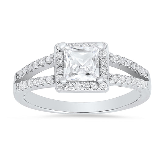 Sterling Silver Princess-cut Halo CZ Ring