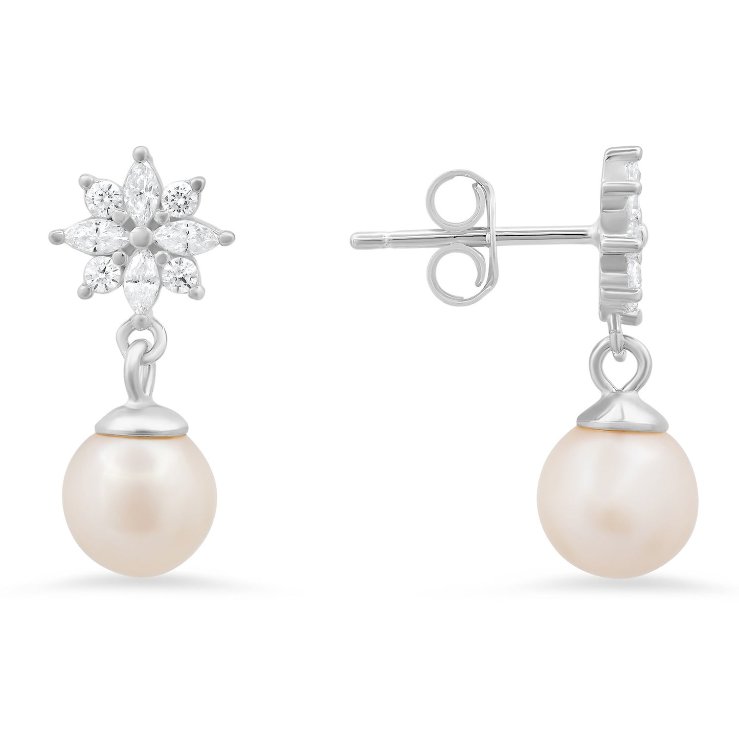 Sterling Silver Dangling Floral CZ & Dangling Pearl Stud Earrings