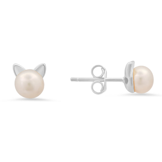 Sterling Silver Kitty Cat Pearl Stud Earrings