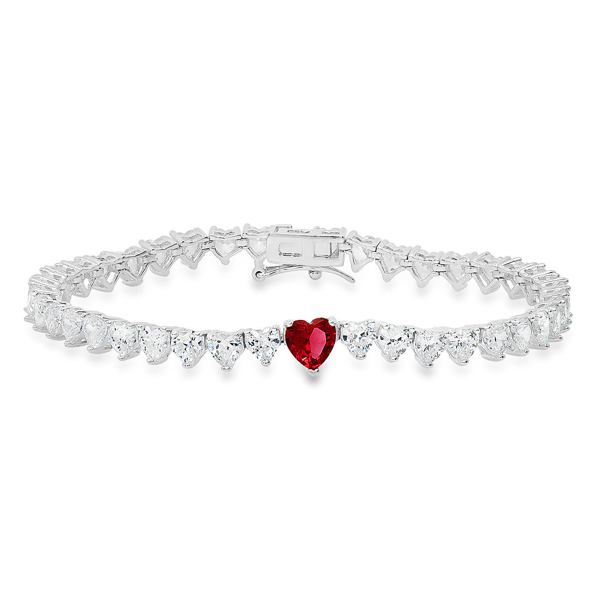 Sterling Silver Ruby CZ Heart-cut Tennis Bracelet