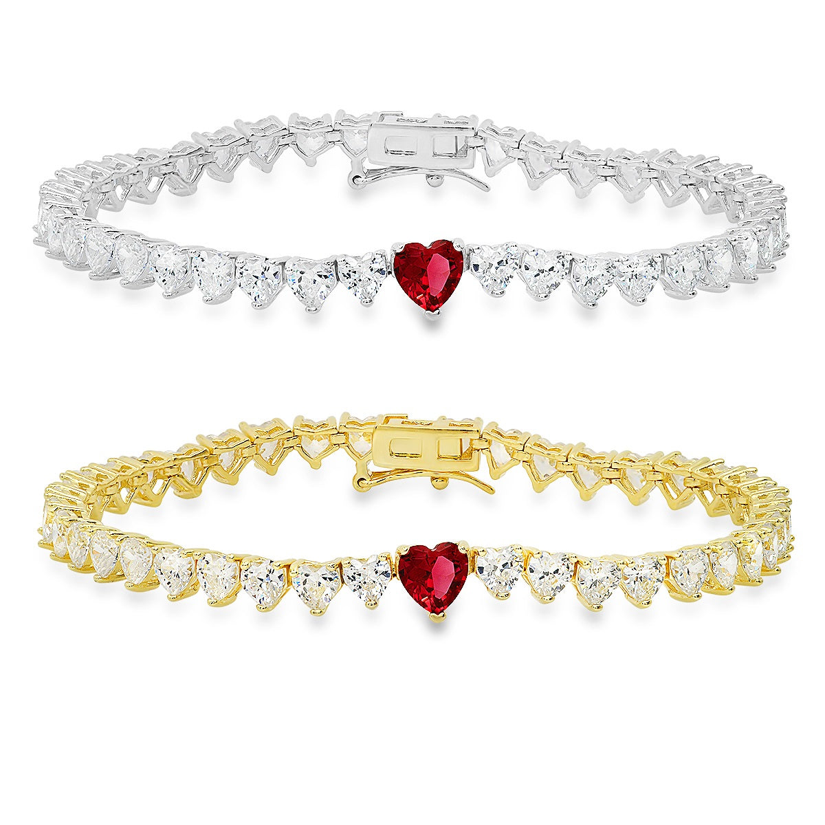 Sterling Silver Ruby CZ Heart-cut Tennis Bracelet