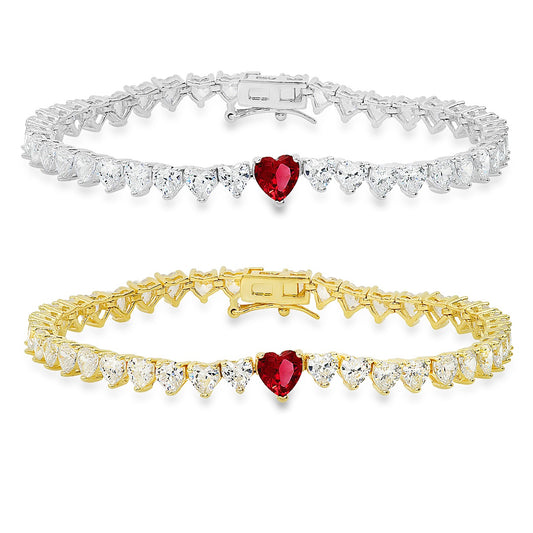 Sterling Silver Ruby CZ Heart-cut Tennis Bracelet