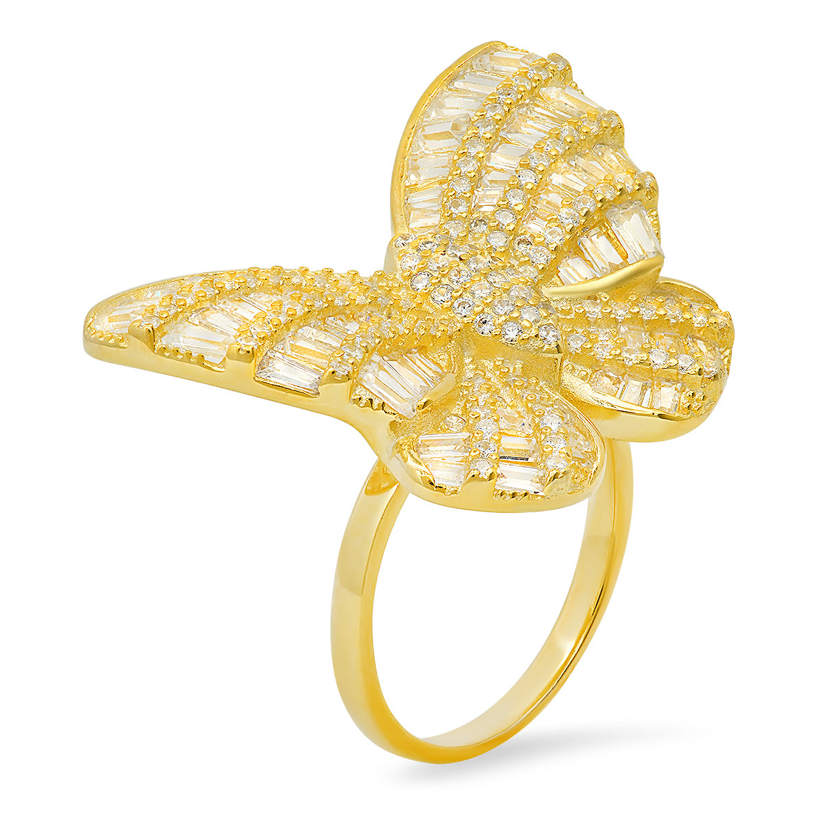 Yellow Gold Over Silver Baguette Statement Butterfly Ring