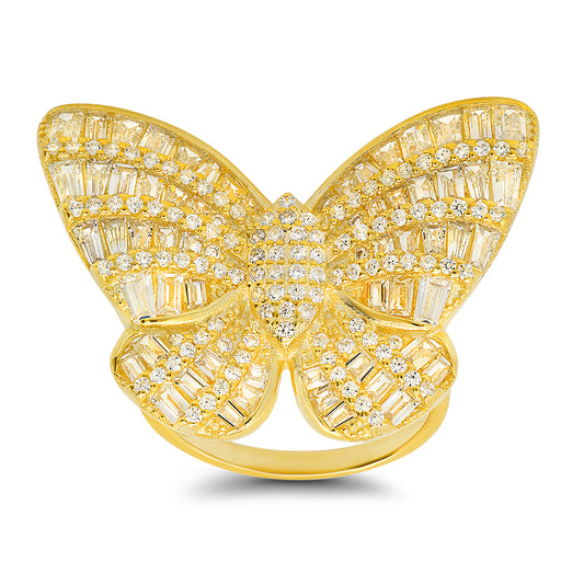 Yellow Gold Over Silver Baguette Statement Butterfly Ring