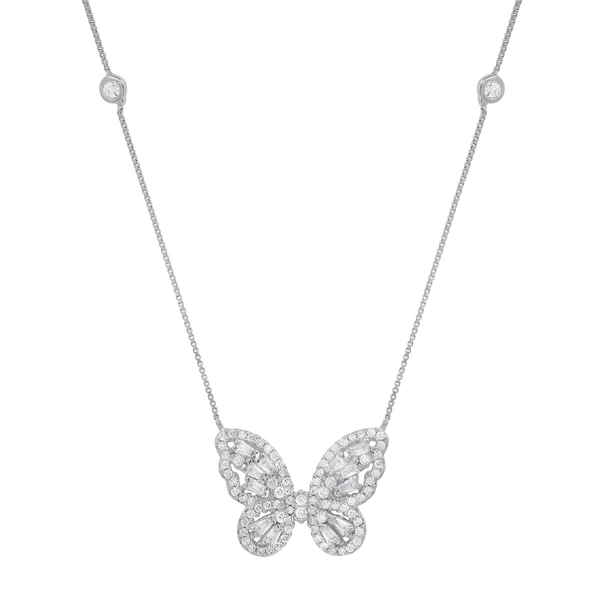 Sterling Silver Baguette CZ Butterfly Station Necklace