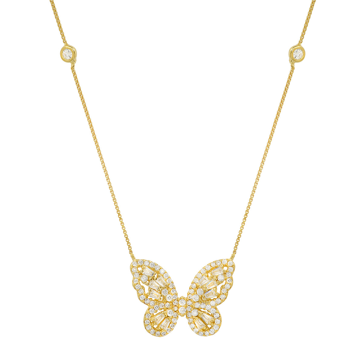 Sterling Silver Baguette CZ Butterfly Station Necklace