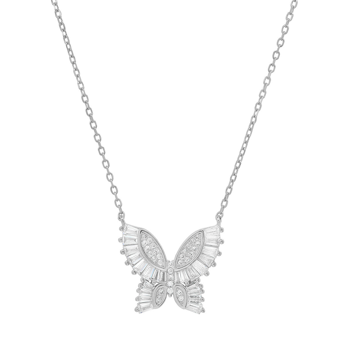 Sterling Silver Baguette CZ Butterfly Station Necklace