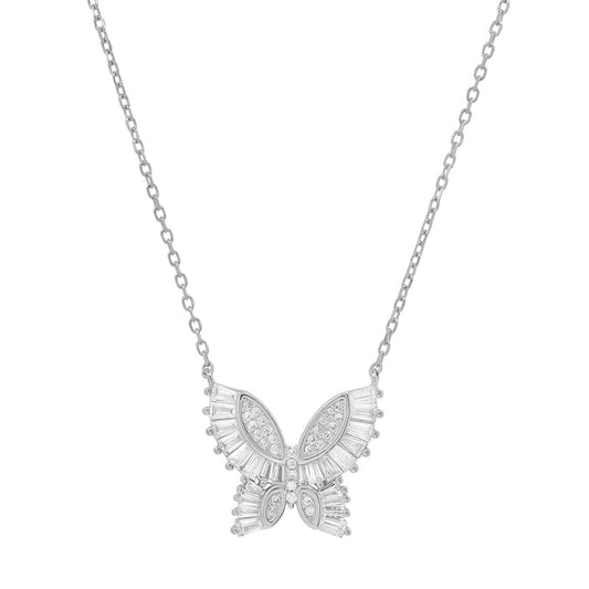 Sterling Silver Baguette CZ Butterfly Station Necklace