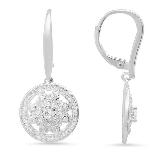 Sterling Silver Dangling CZ Flower Leverback Earrings