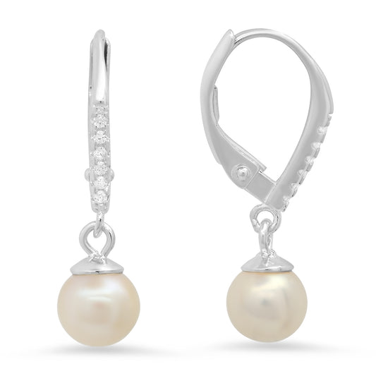 Sterling Silver Genuine Pearl & CZ Dangling Leverback Earrings