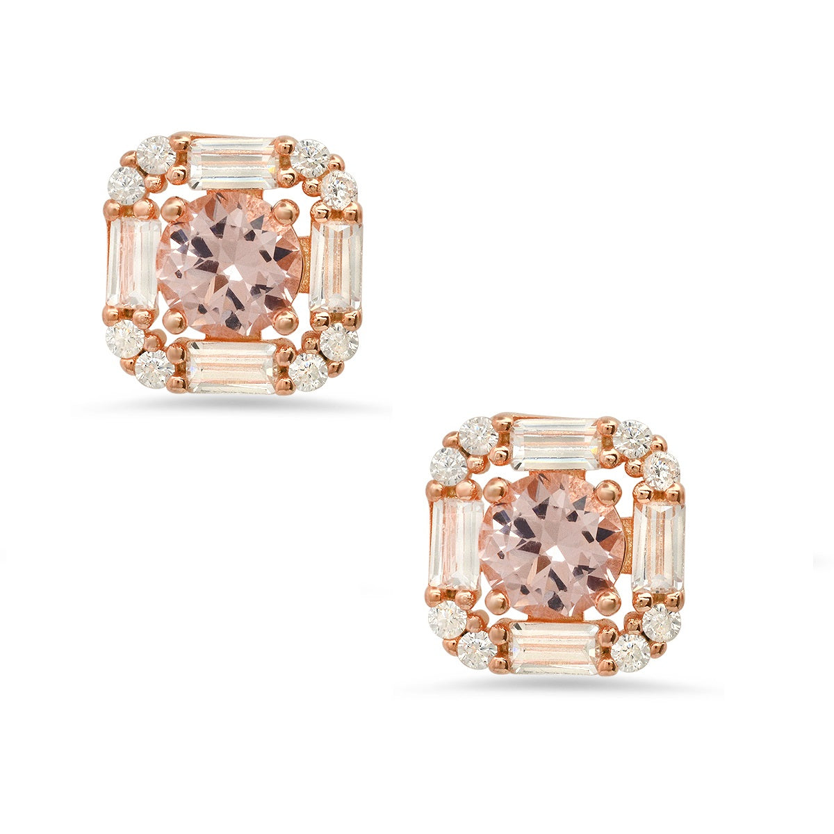 Rose Gold Over Silver Morganite CZ Halo Stud Earrings